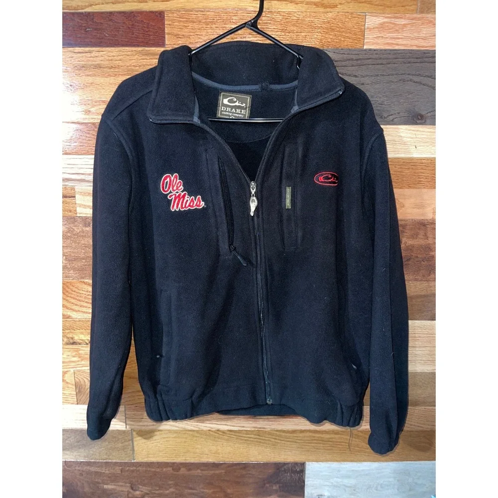 Drake Mens M Black Fleece Jacket Ole Miss Rebels Full Zip Outdoor Mid Layer